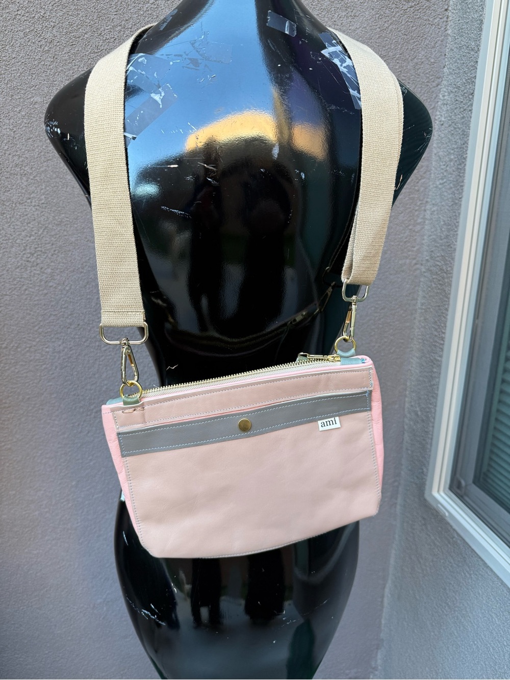 AMI Leather Crossbody Bag – Soft Pink & Beige – Adjustable Strap – Gently Used